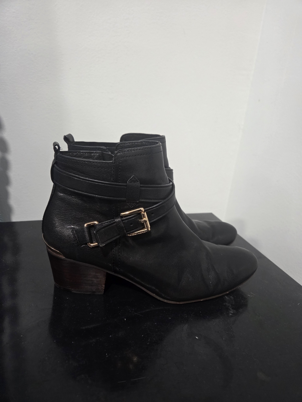 Coach Black Leather Ankle Booties with Gold Buckle